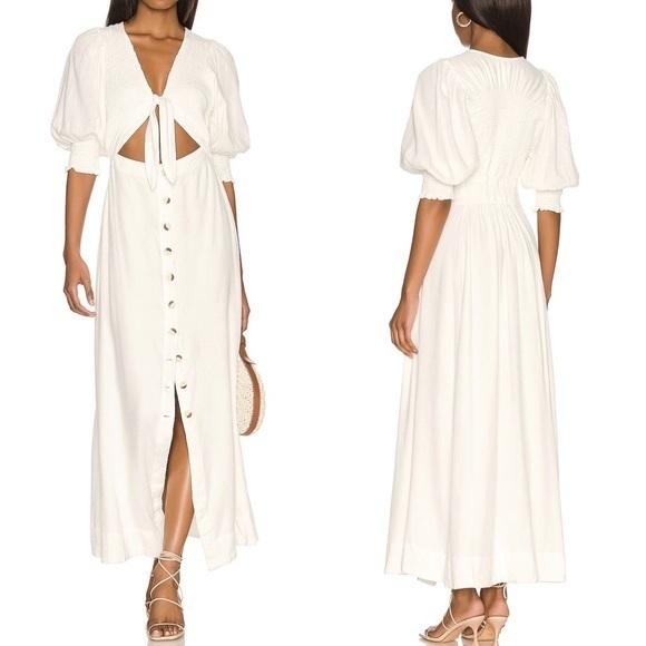 Free People Puff Sleeve Linen Blend Cutout Tie Front Smocked White Midi Dress - Picture 1 of 14